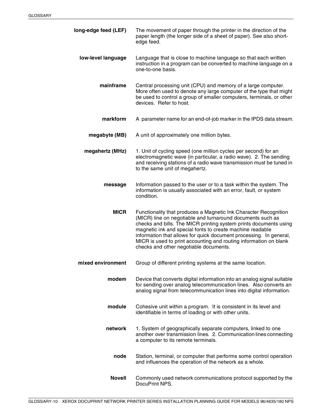 Xerox 180 NPS manual Glossary 