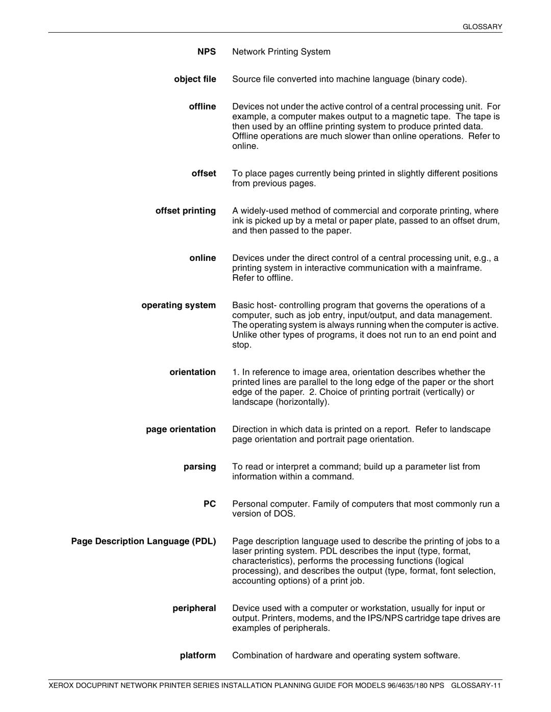 Xerox 180 NPS manual Glossary 