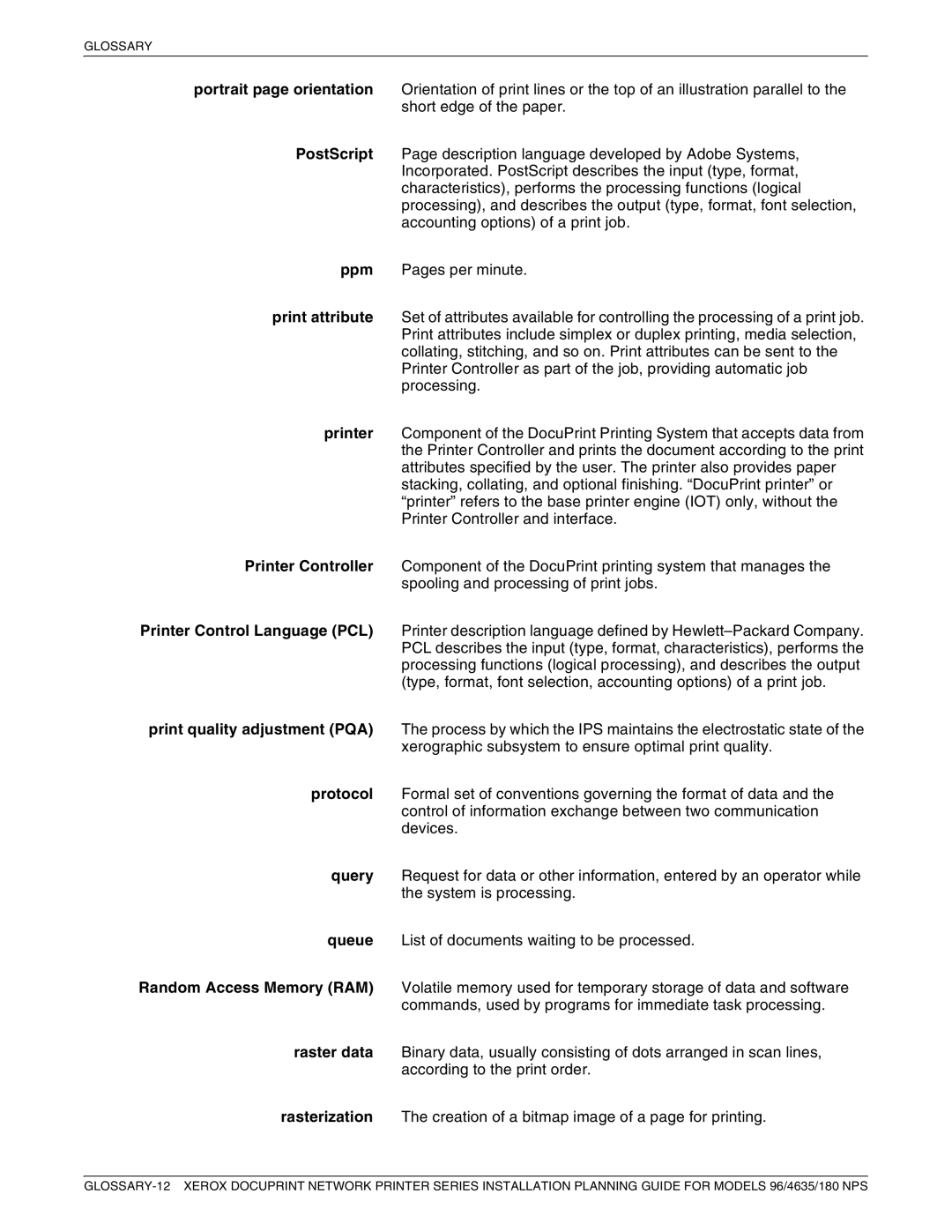 Xerox 180 NPS manual Glossary 