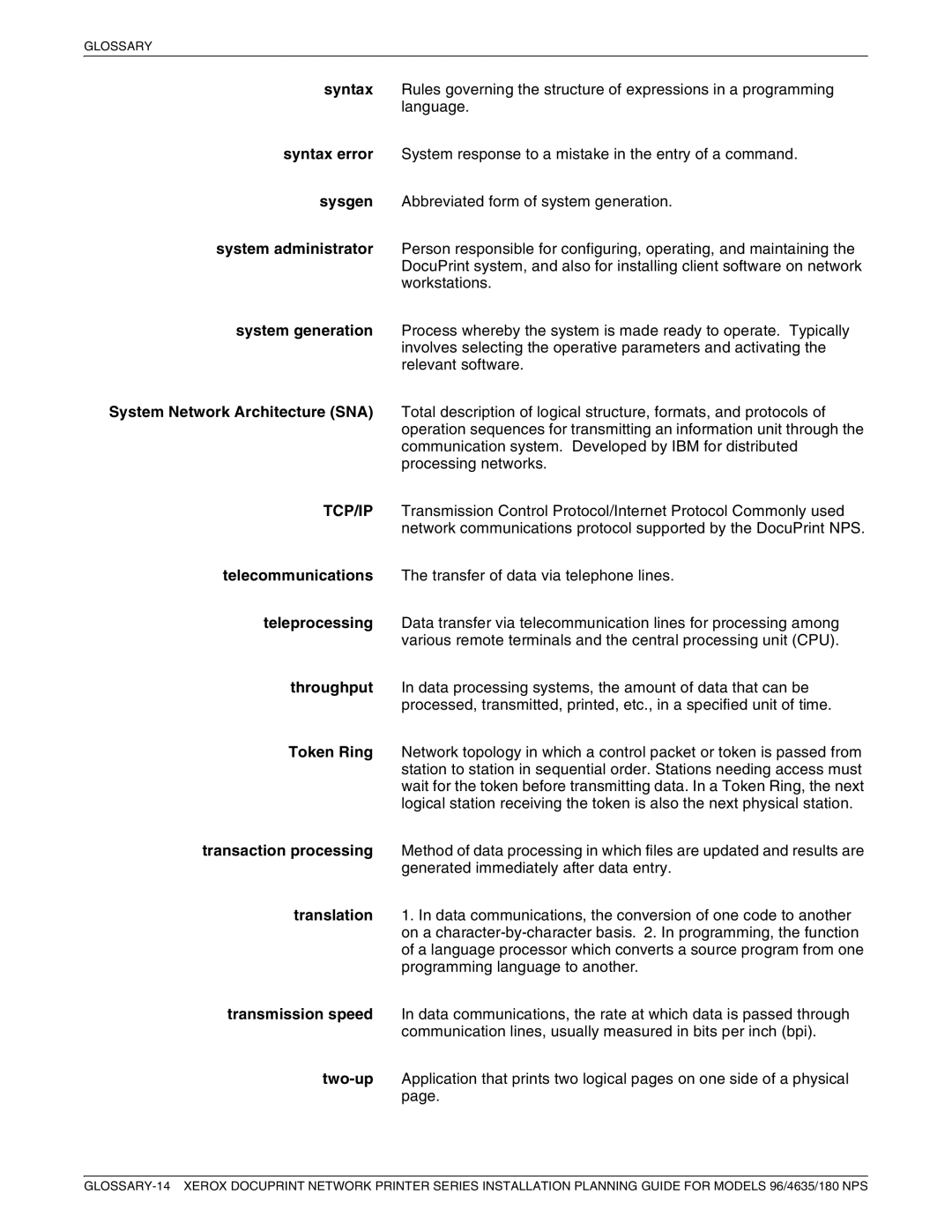 Xerox 180 NPS manual Glossary 