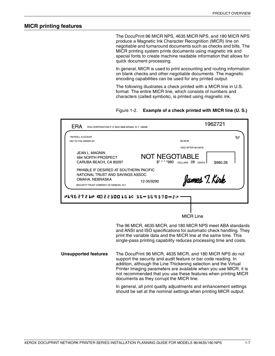 Xerox 180 NPS manual Micr printing features, Example of a check printed with Micr line U. S 