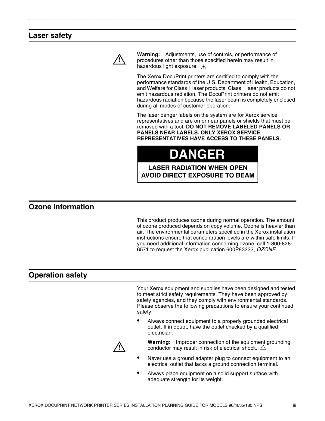 Xerox 180 NPS manual Laser safety, Ozone information, Operation safety 