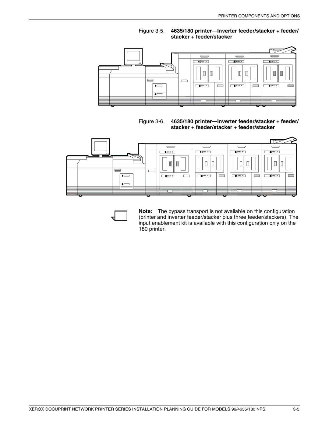 Xerox 180 NPS manual 4635/180 printer-Inverter feeder/stacker + feeder, Stacker + feeder/stacker 