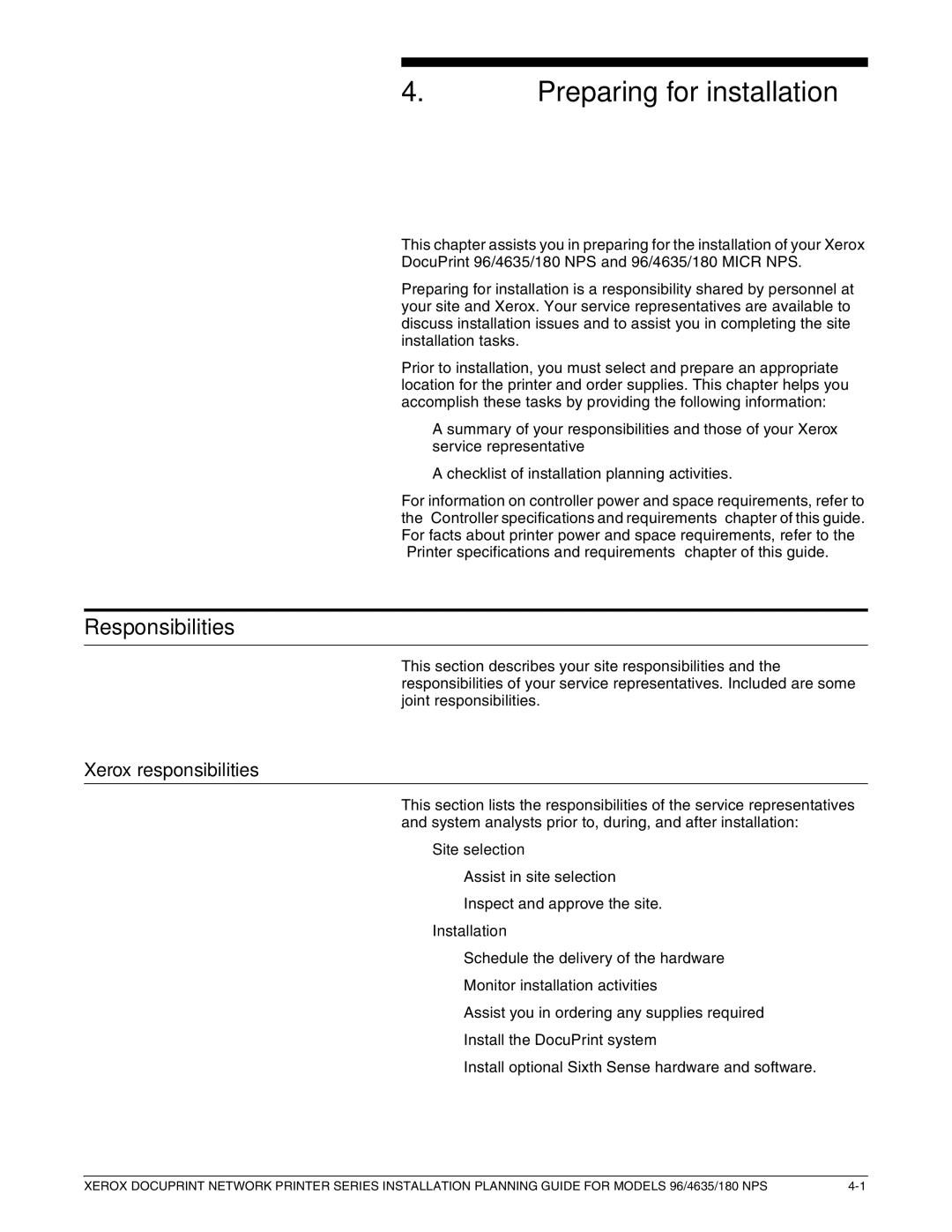 Xerox 180 NPS manual Preparing for installation, Responsibilities, Xerox responsibilities, Site selection, Installation 