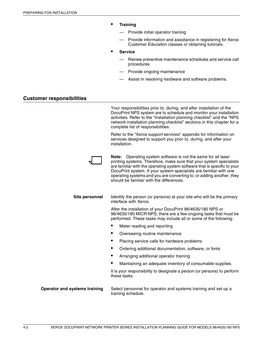 Xerox 180 NPS manual Customer responsibilities, Training, Service 