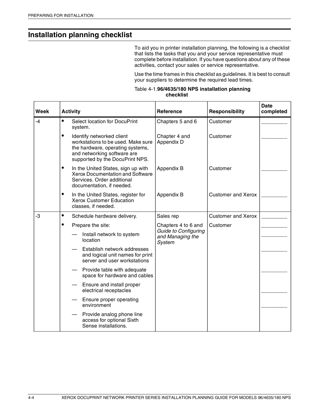 Xerox 180 NPS manual Installation planning checklist, System 