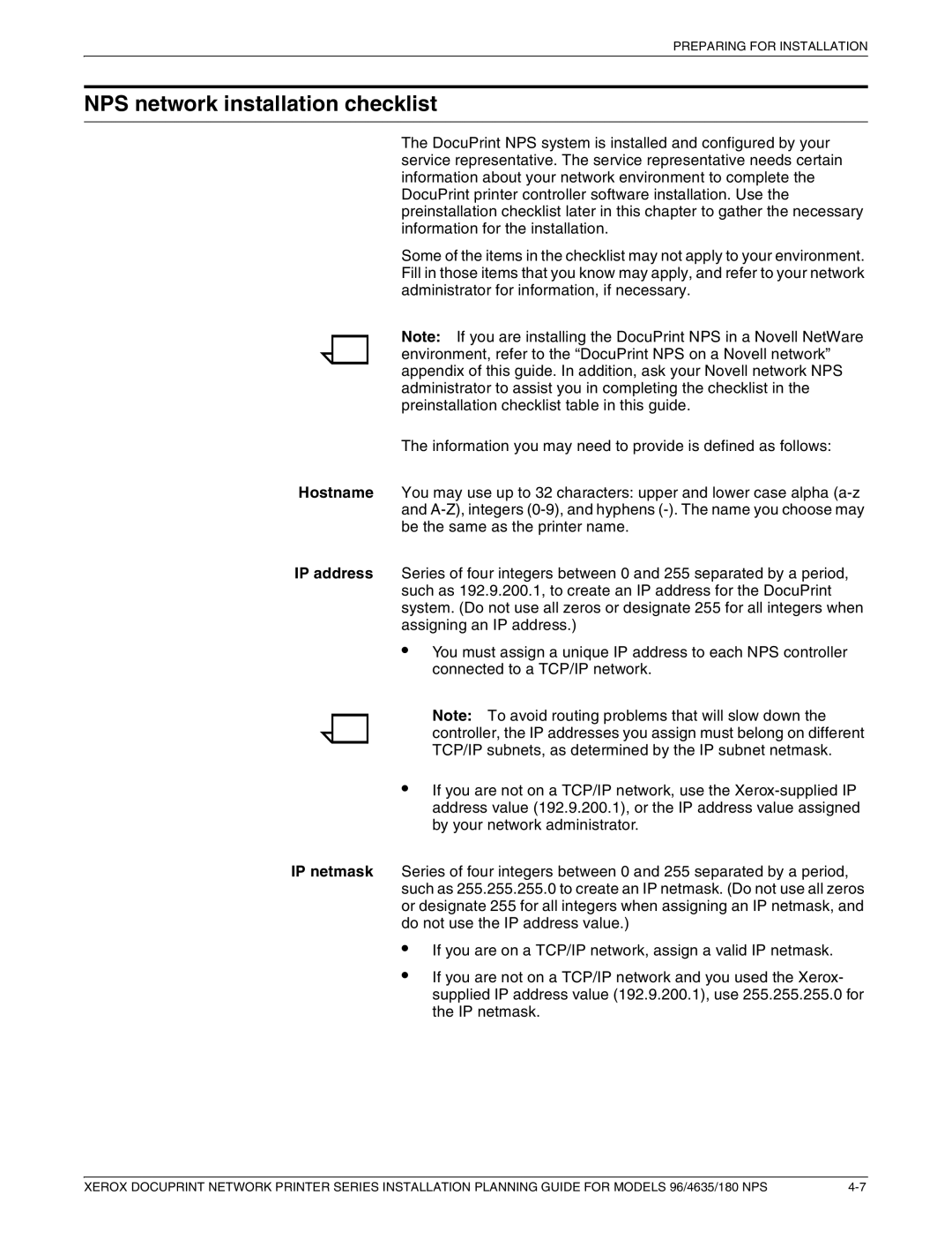 Xerox 180 NPS manual NPS network installation checklist 