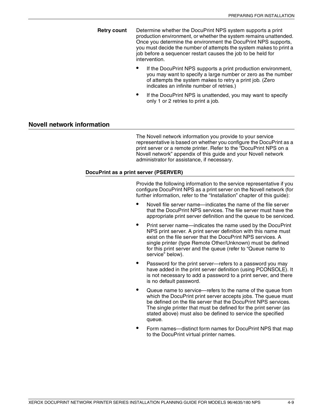 Xerox 180 NPS manual Novell network information, DocuPrint as a print server Pserver 