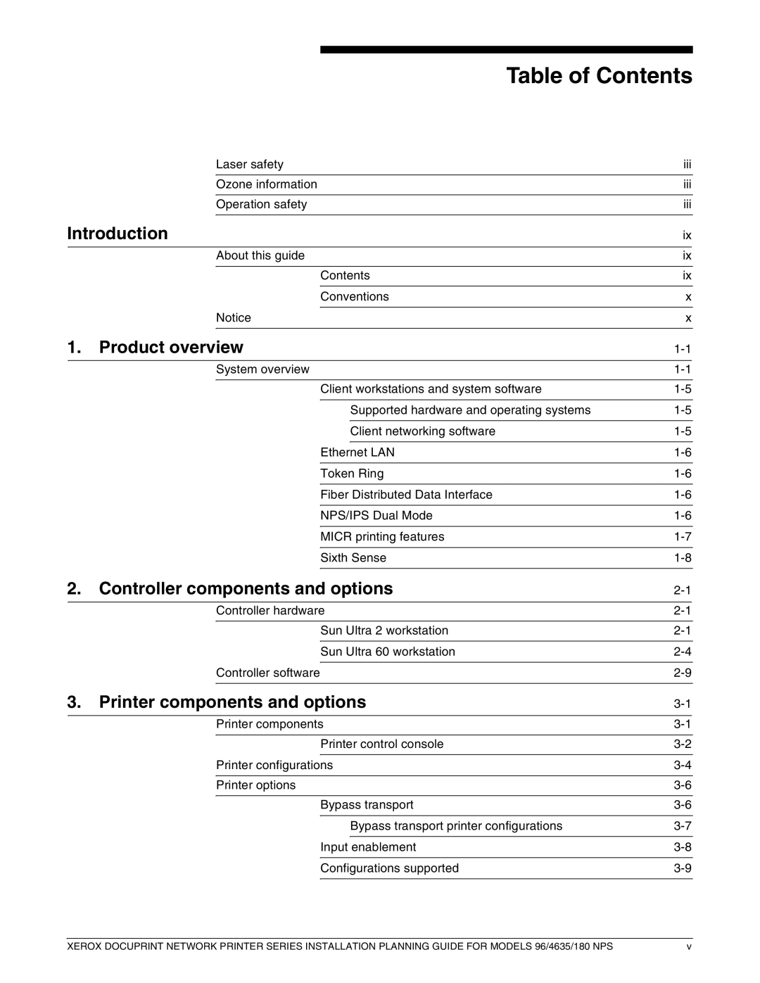 Xerox 180 NPS manual Table of Contents 