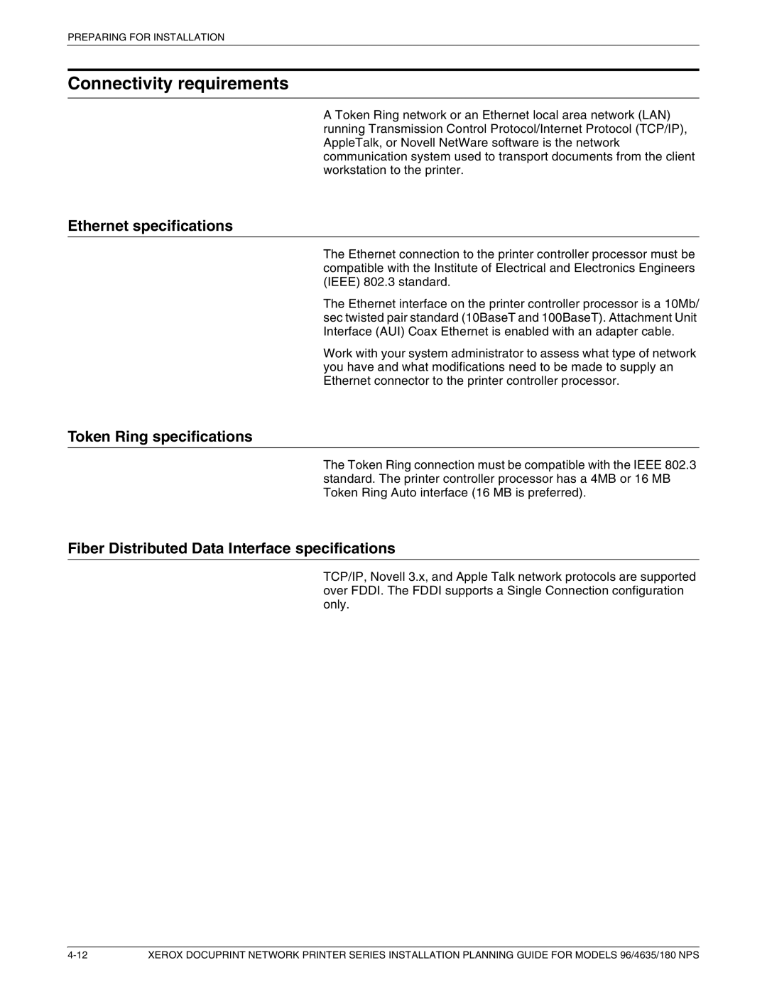 Xerox 180 NPS manual Connectivity requirements, Ethernet specifications, Token Ring specifications 