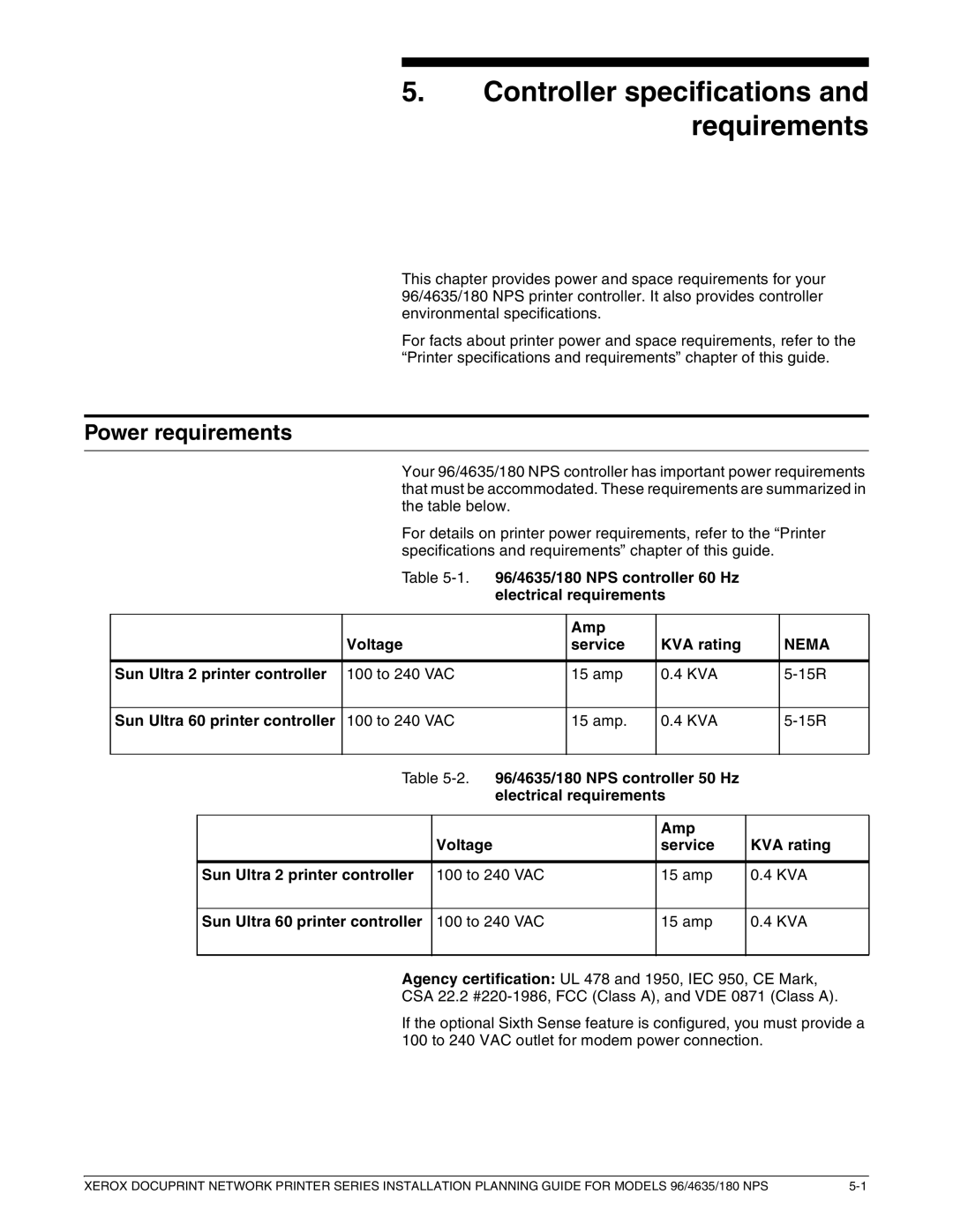 Xerox 180 NPS manual Controller specifications and requirements, Power requirements, Sun Ultra 2 printer controller 