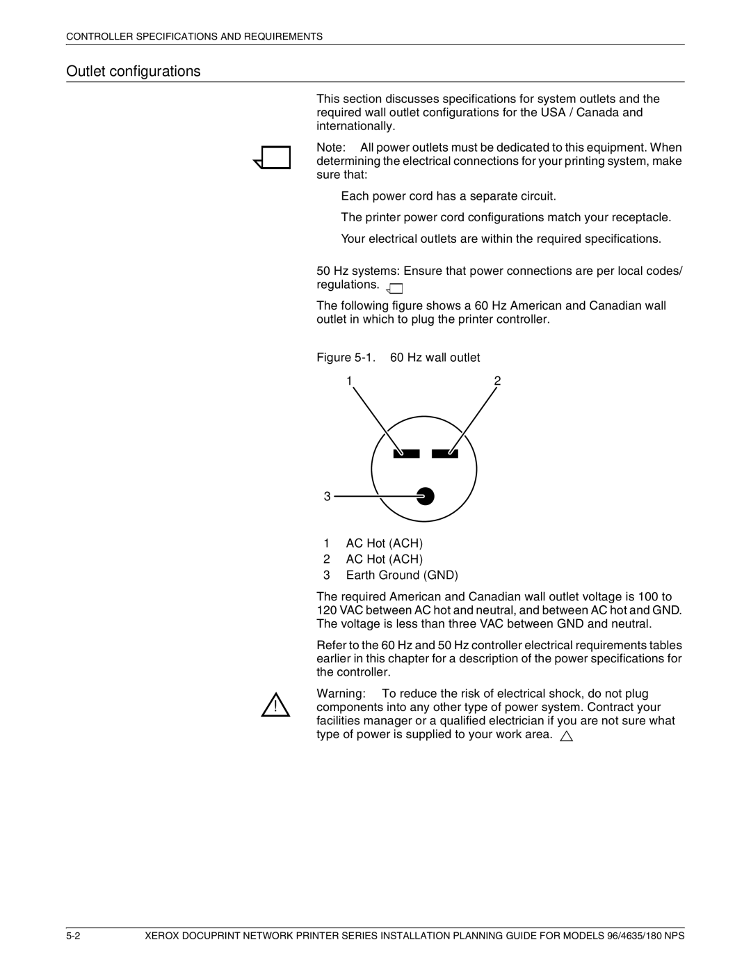 Xerox 180 NPS manual Outlet configurations, Hz wall outlet AC Hot ACH Earth Ground GND 