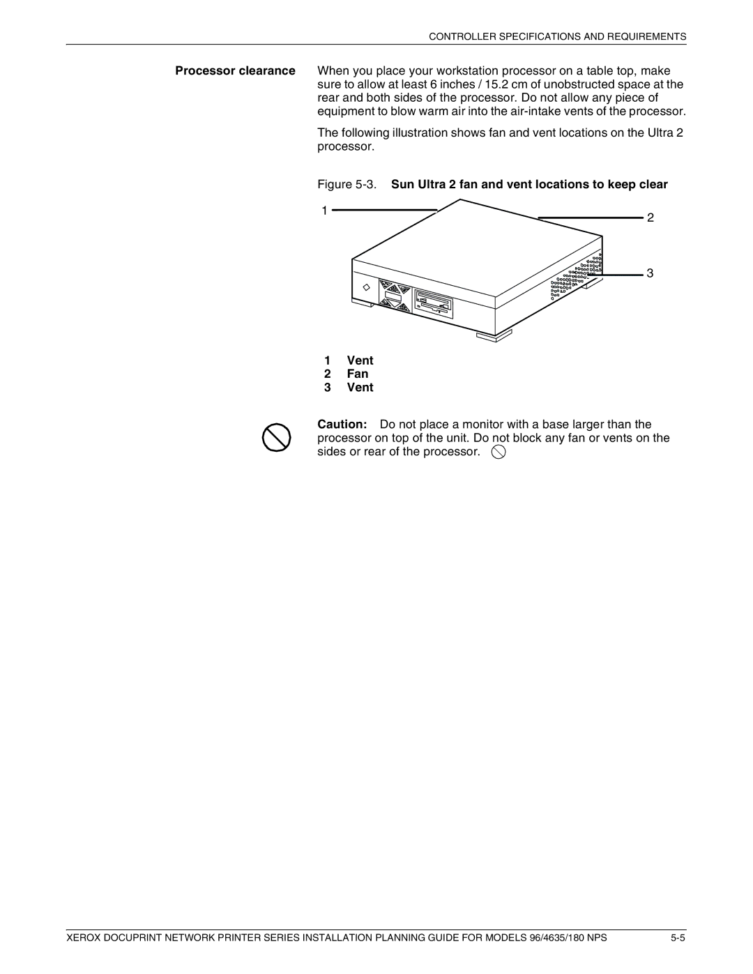 Xerox 180 NPS manual Sun Ultra 2 fan and vent locations to keep clear Vent Fan 