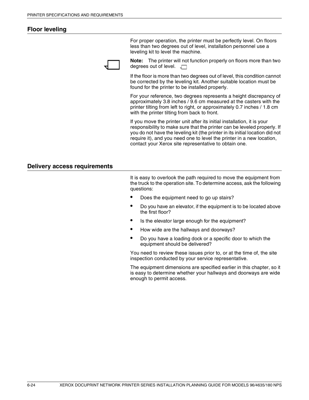 Xerox 180 NPS manual Floor leveling, Delivery access requirements 