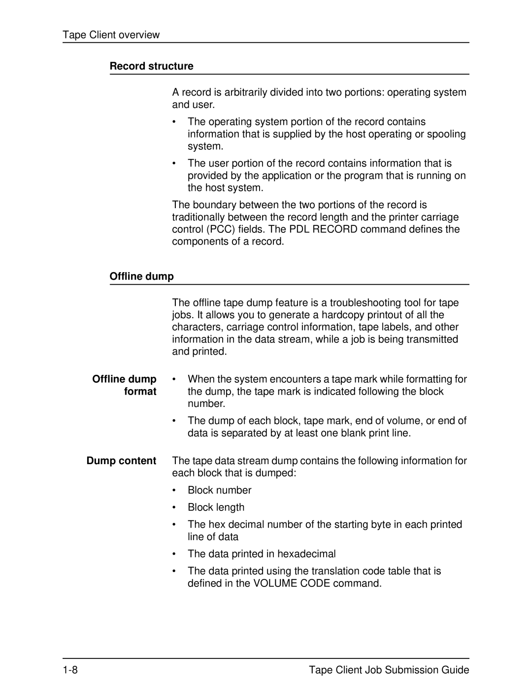 Xerox 2000 SERIES EPS manual Record structure, Offline dump, Format 