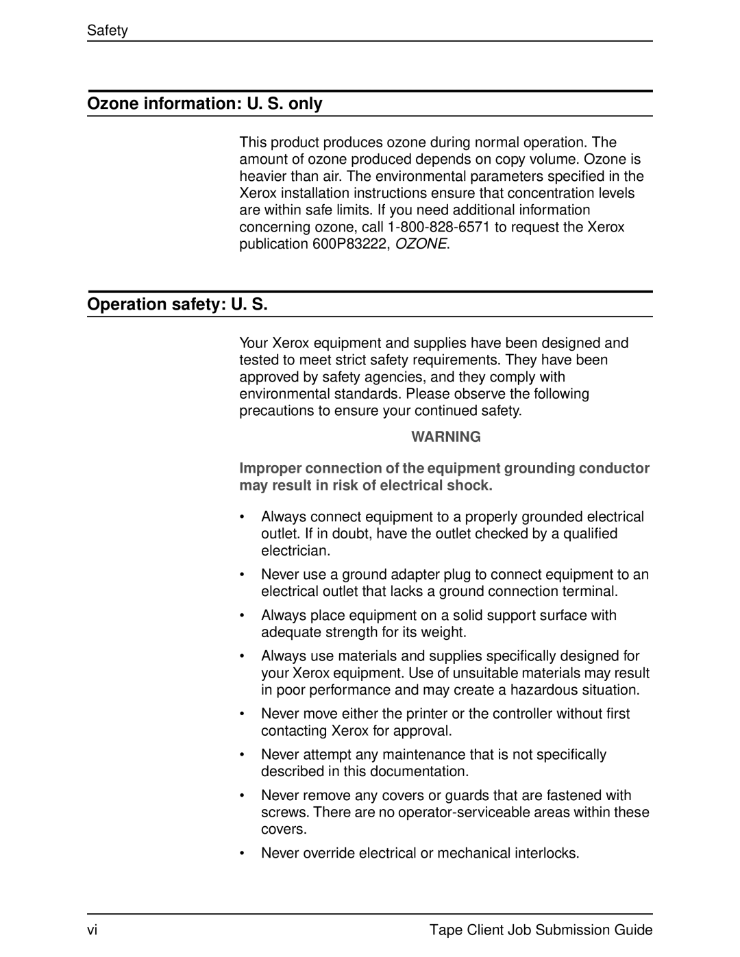 Xerox 2000 SERIES EPS manual Ozone information U. S. only, Operation safety U. S 