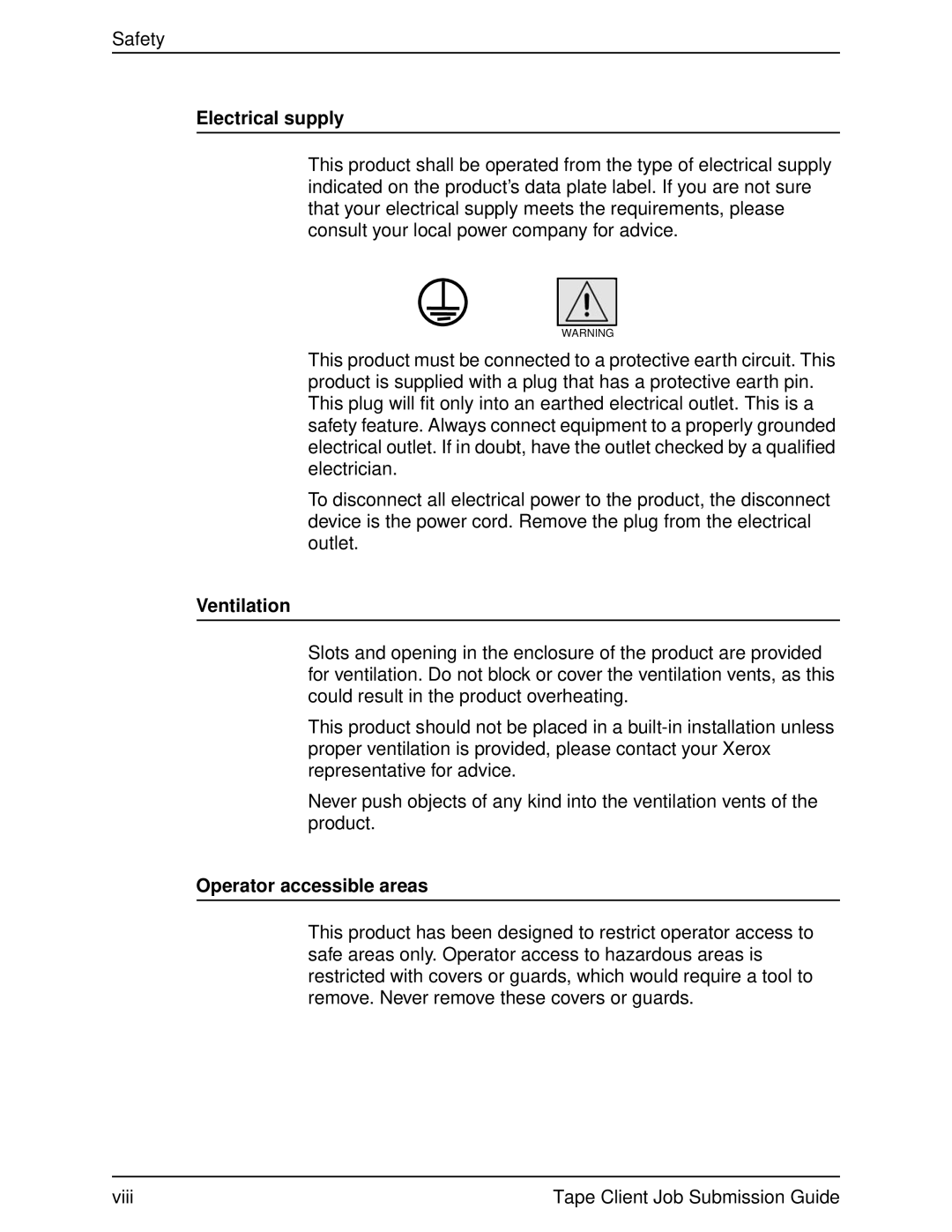 Xerox 2000 SERIES EPS manual Electrical supply, Ventilation, Operator accessible areas 