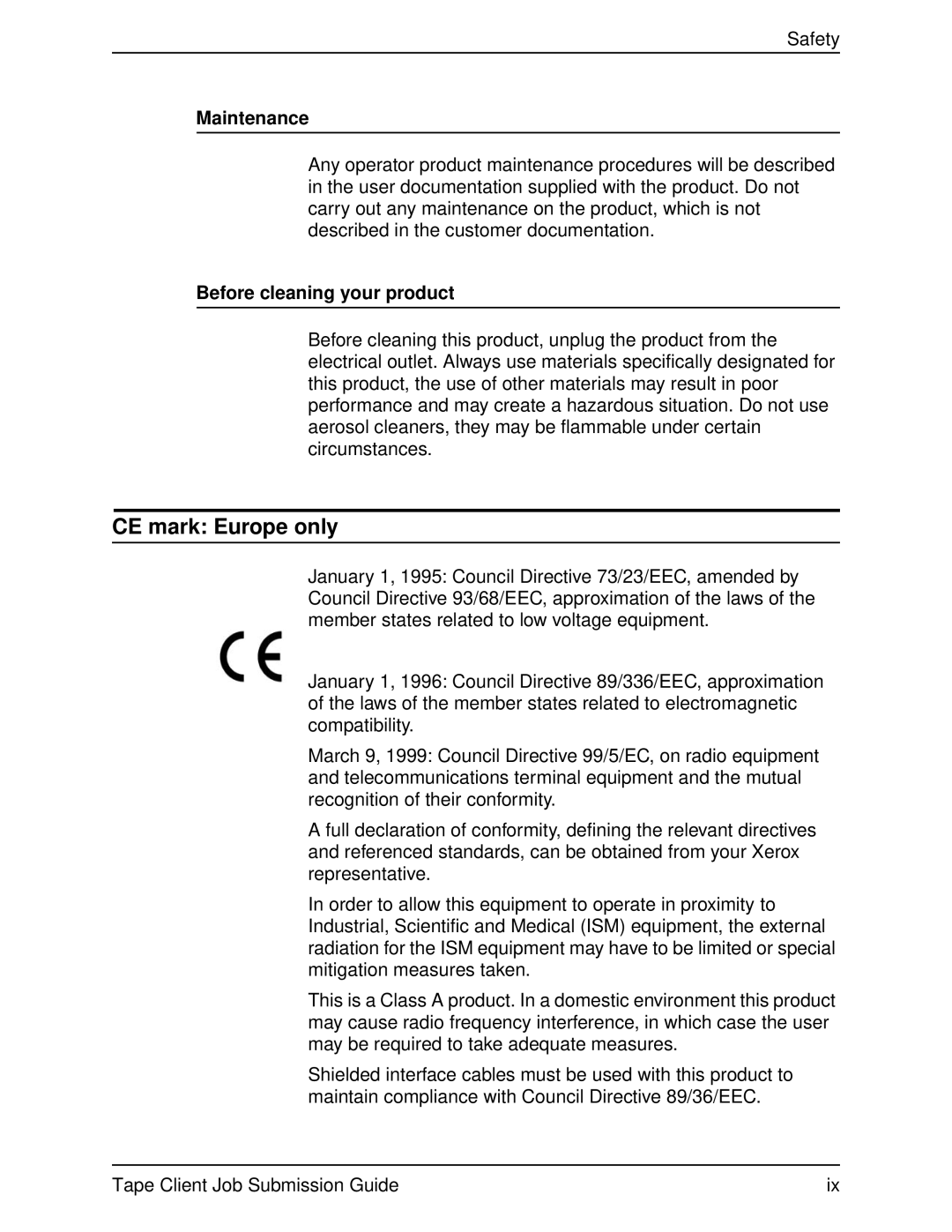 Xerox 2000 SERIES EPS manual CE mark Europe only, Maintenance, Before cleaning your product 