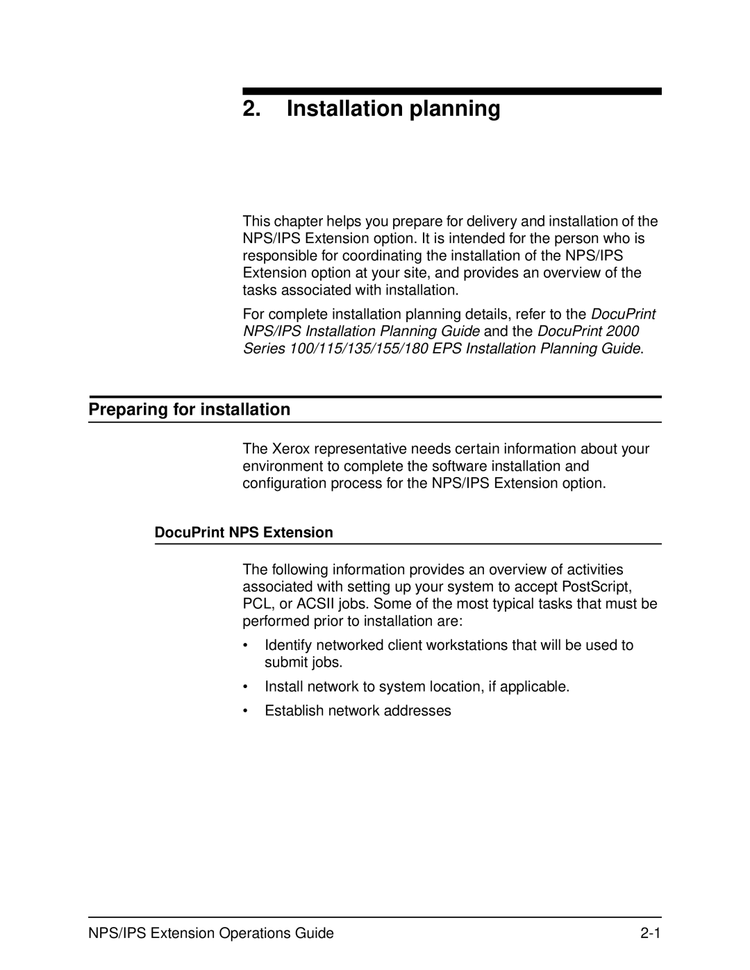 Xerox 2000 Series manual Installation planning, Preparing for installation, DocuPrint NPS Extension 