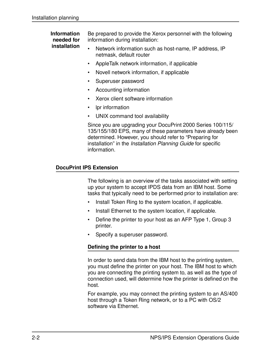 Xerox 2000 Series manual Information needed for installation, DocuPrint IPS Extension, Defining the printer to a host 