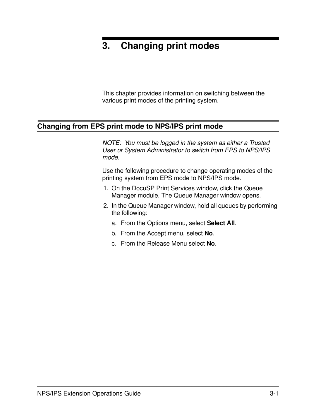 Xerox 2000 Series manual Changing print modes, Changing from EPS print mode to NPS/IPS print mode 