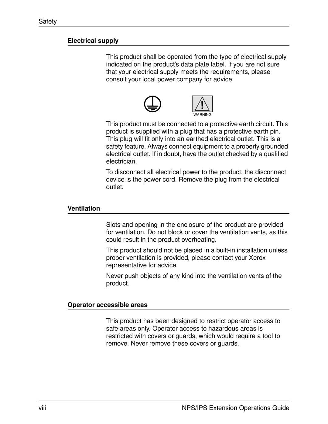 Xerox 2000 Series manual Electrical supply, Ventilation, Operator accessible areas 