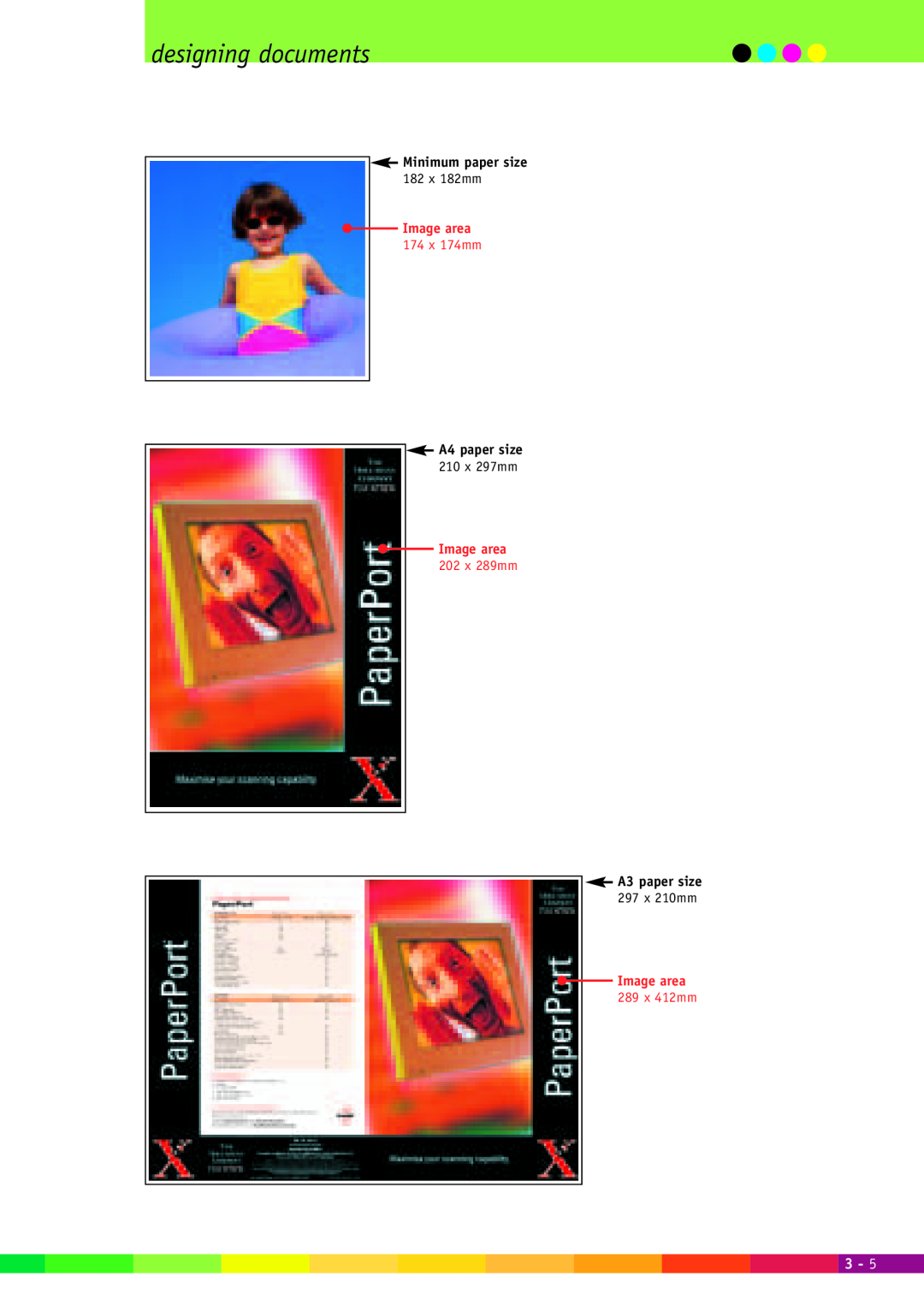 Xerox 2000 manual designing documents, Image area, 174 x 174mm, 202 x 289mm, 289 x 412mm 
