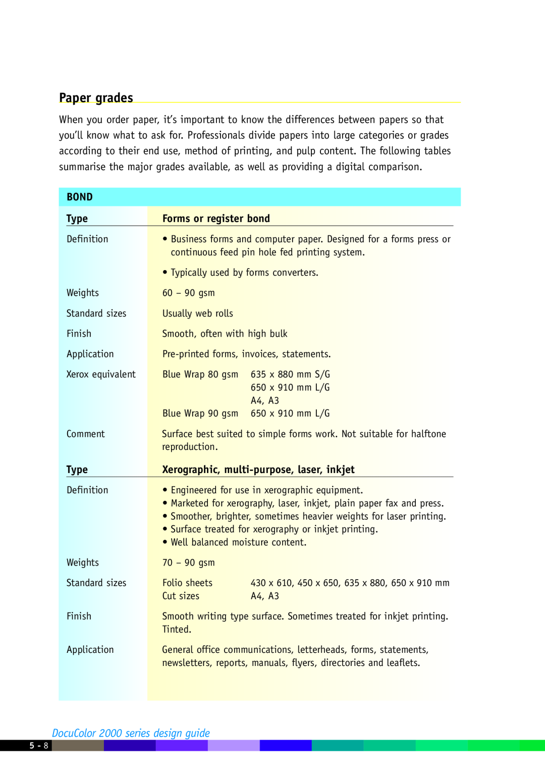 Xerox manual Paper grades, DocuColor 2000 series design guide, Bond, Type, Forms or register bond 