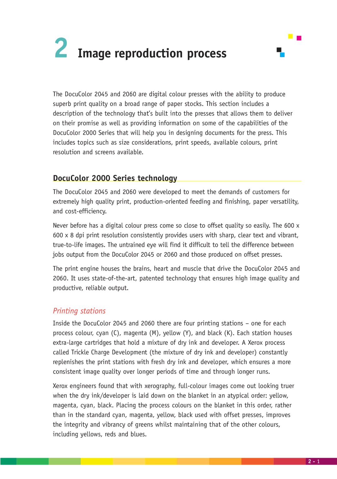 Xerox manual Image reproduction process, DocuColor 2000 Series technology, Printing stations 