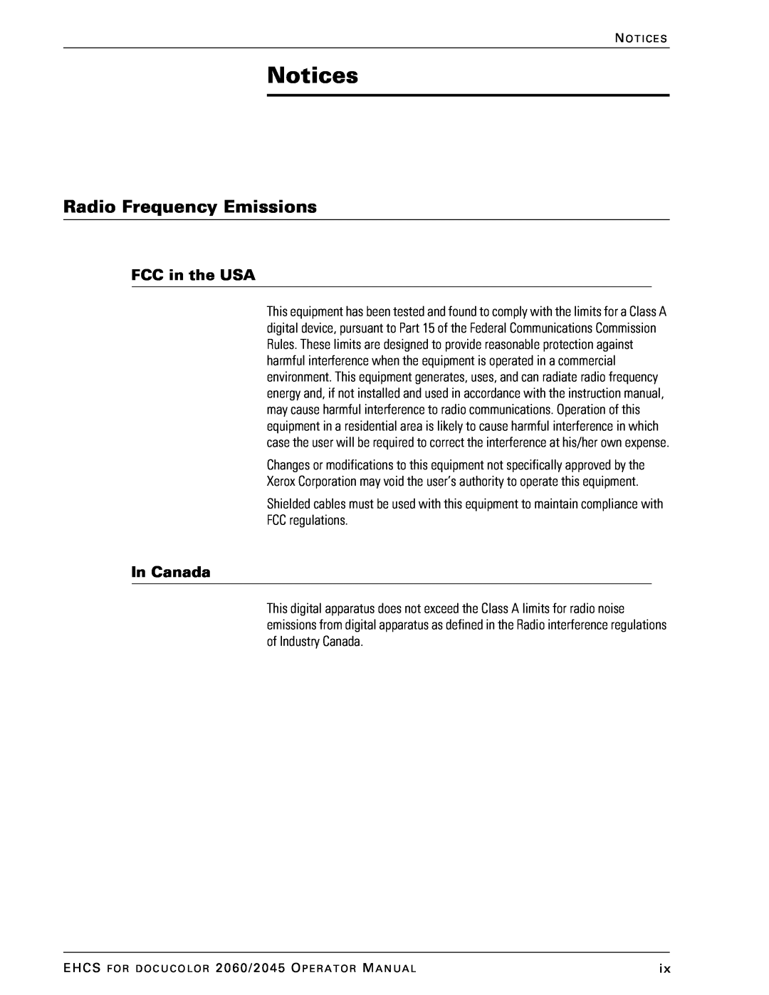 Xerox 2045 manual Notices, Radio Frequency Emissions, FCC in the USA, In Canada 