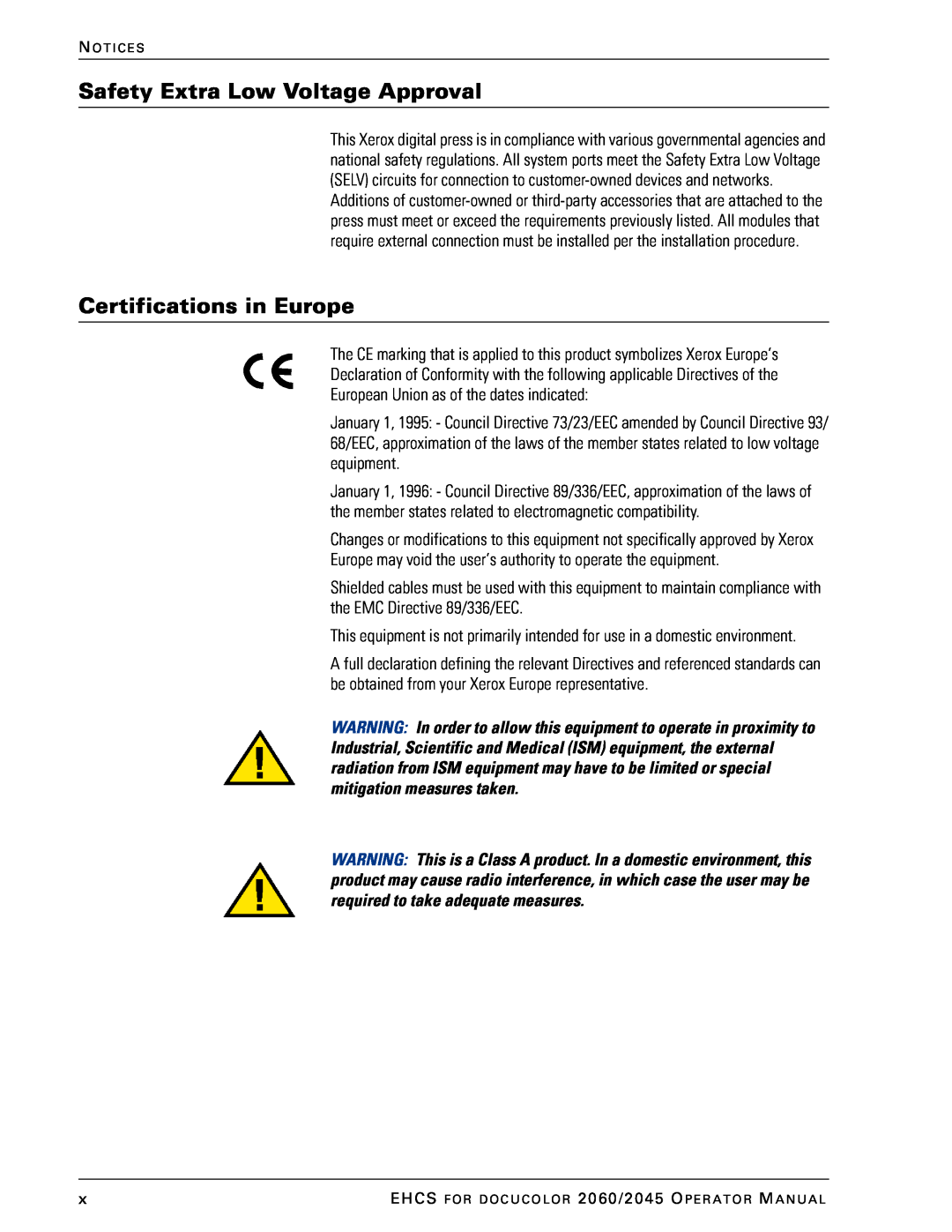Xerox 2045 manual Safety Extra Low Voltage Approval, Certifications in Europe 