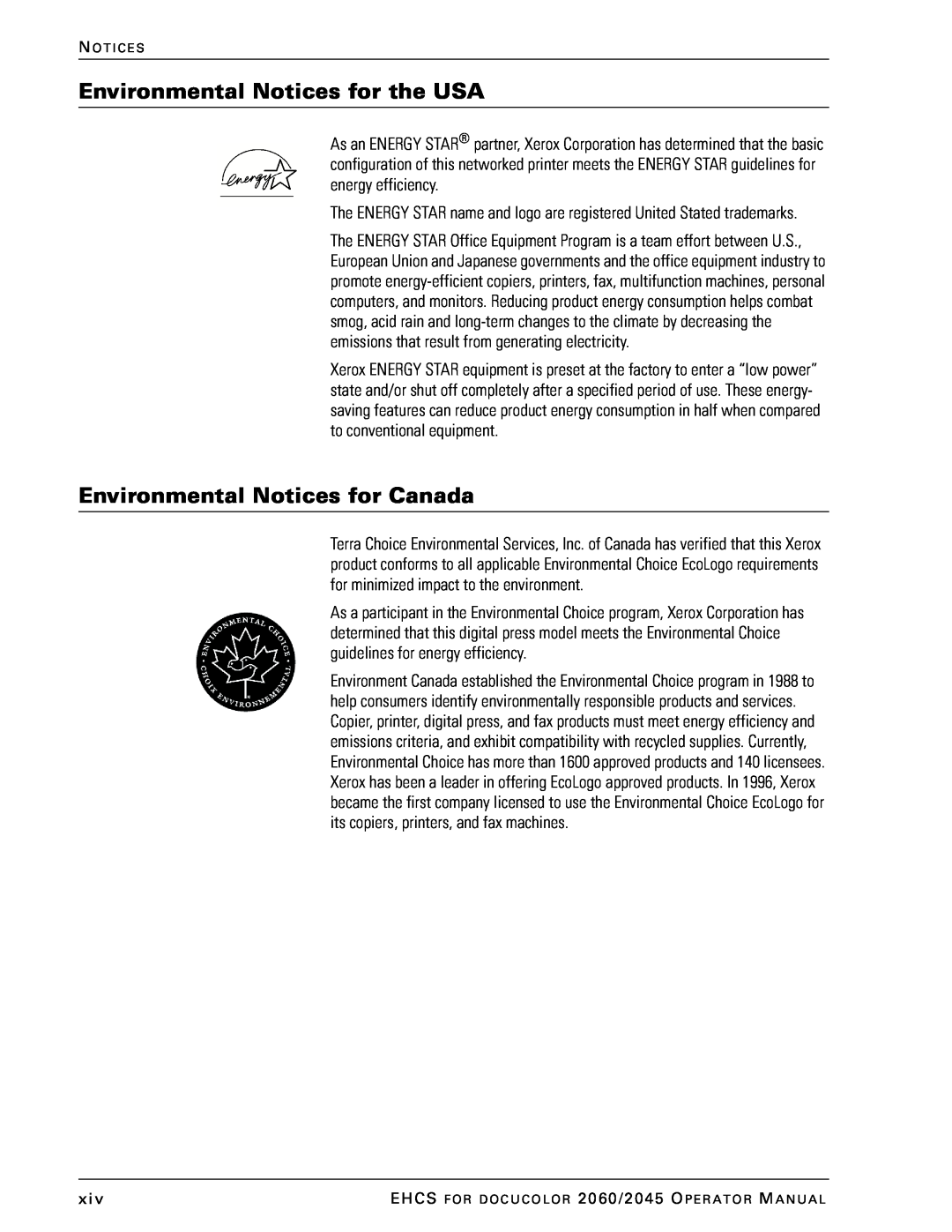 Xerox 2045 manual Environmental Notices for the USA, Environmental Notices for Canada 