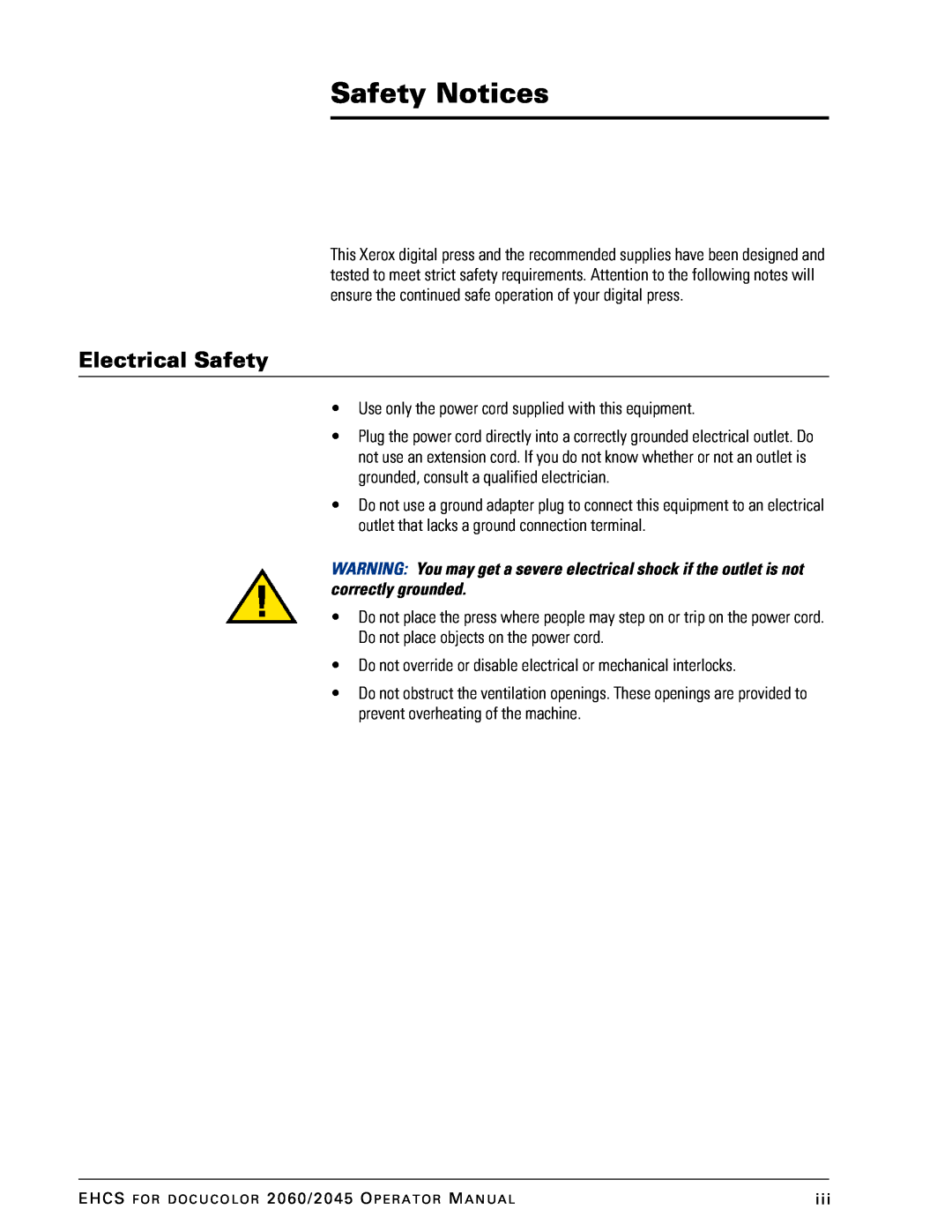 Xerox 2045 manual Safety Notices, Electrical Safety 