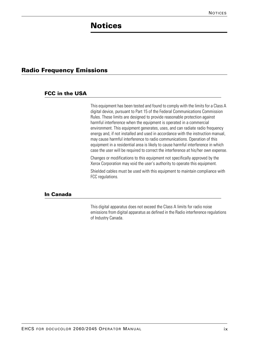 Xerox 2045 manual Radio Frequency Emissions, FCC in the USA 