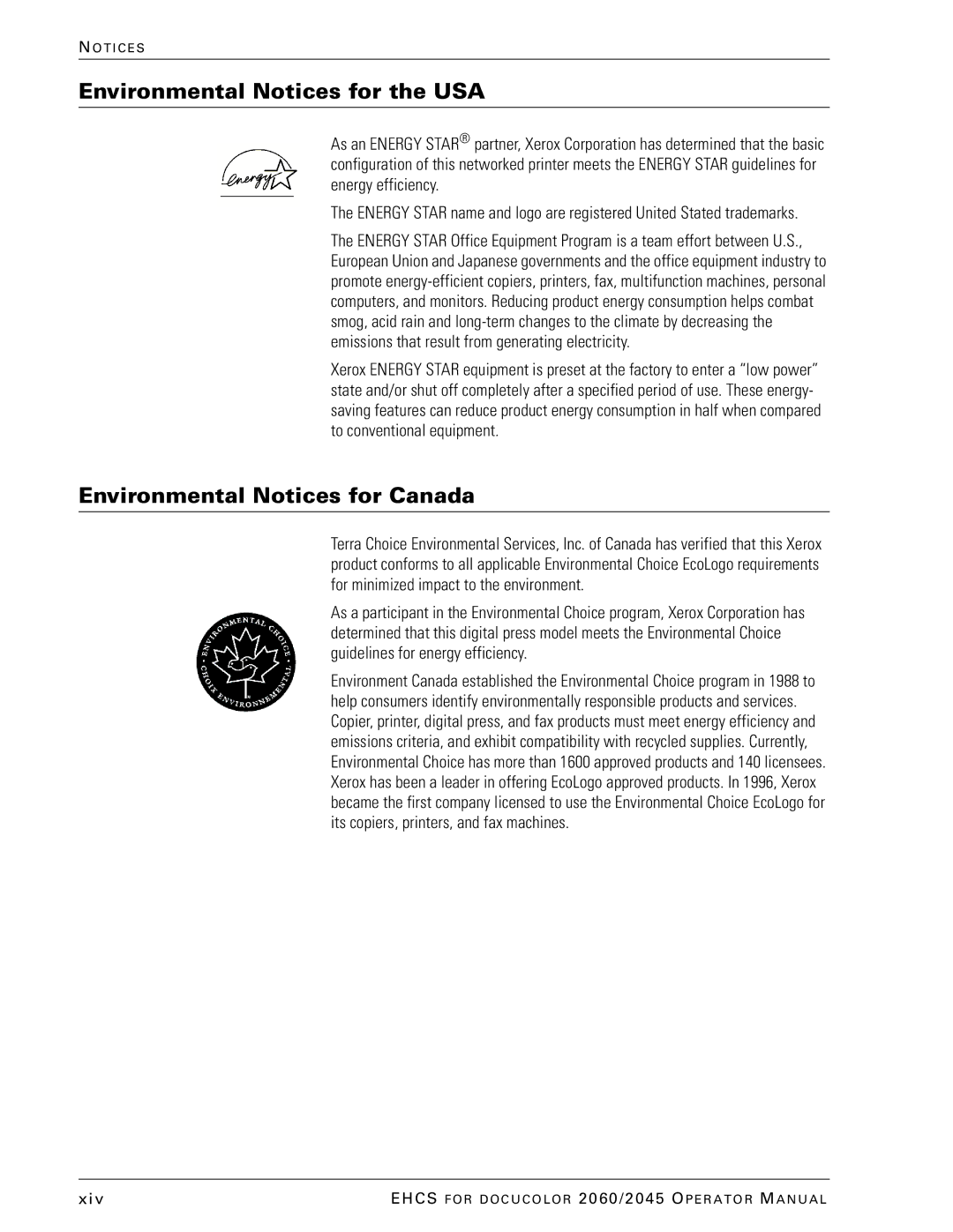 Xerox 2045 manual Environmental Notices for the USA, Environmental Notices for Canada 