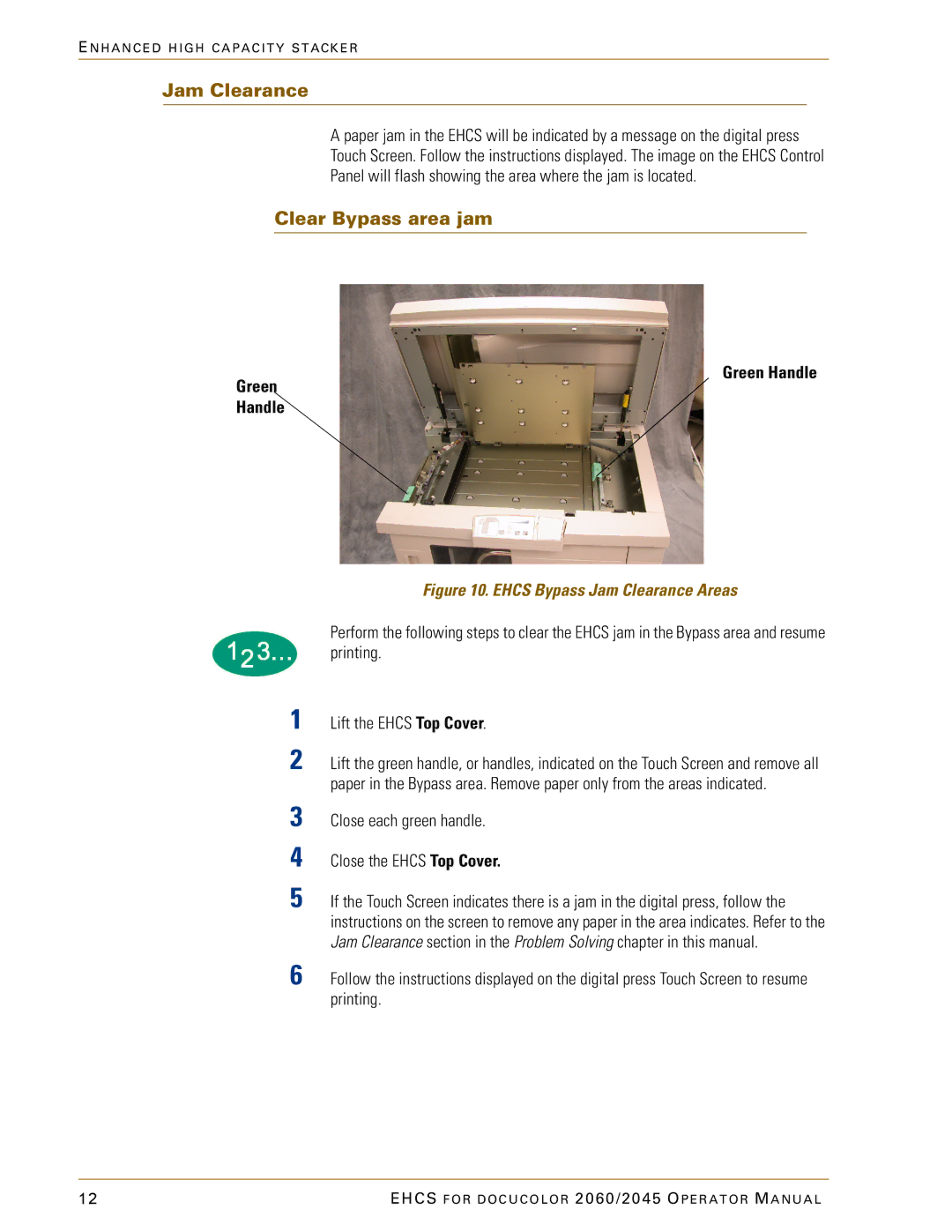 Xerox 2045 manual Jam Clearance, Clear Bypass area jam, Close each green handle Close the Ehcs Top Cover 