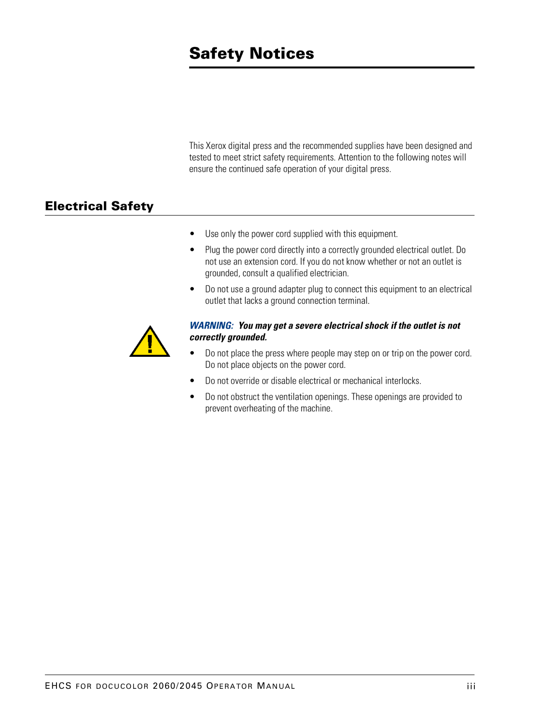 Xerox 2045 manual Electrical Safety, Use only the power cord supplied with this equipment 