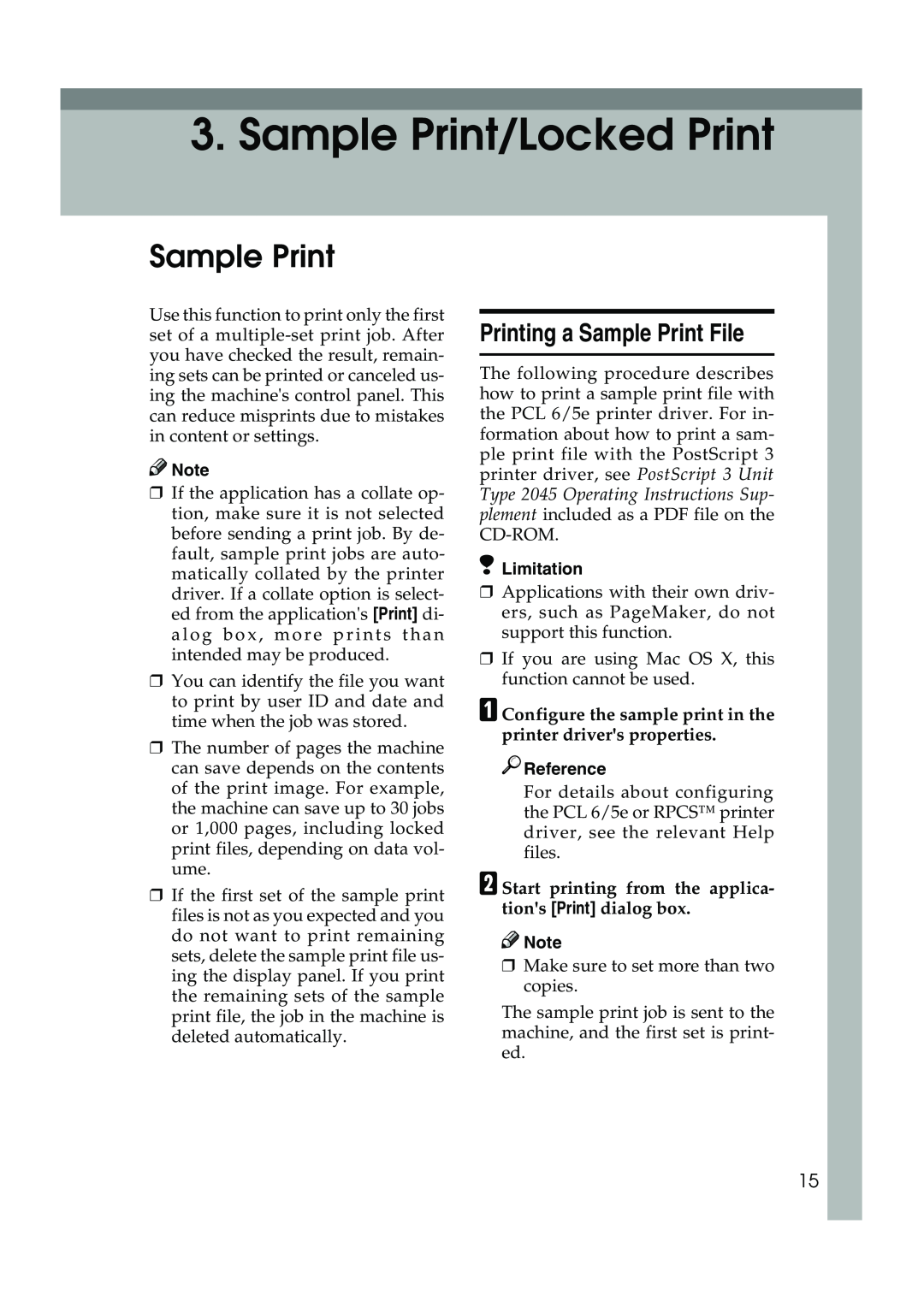 Xerox 2045e appendix Sample Print/Locked Print, Printing a Sample Print File, Limitation, Reference 