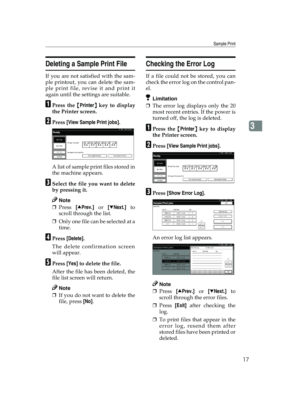Xerox 2045e Deleting a Sample Print File, Checking the Error Log, A Press the Printer key to display the Printer screen 