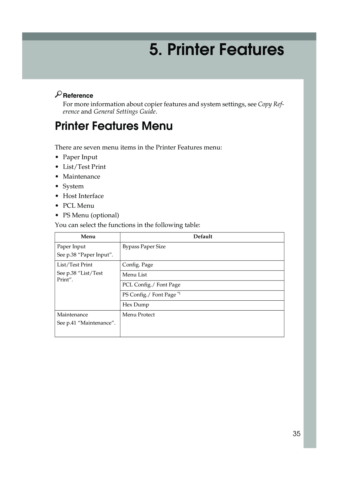 Xerox 2045e appendix Printer Features Menu, Reference 