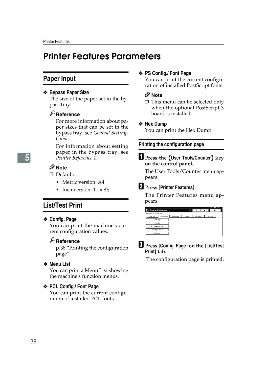 Xerox 2045e appendix Printer Features Parameters, Paper Input, List/Test Print, Bypass Paper Size, Config. Page, Hex Dump 