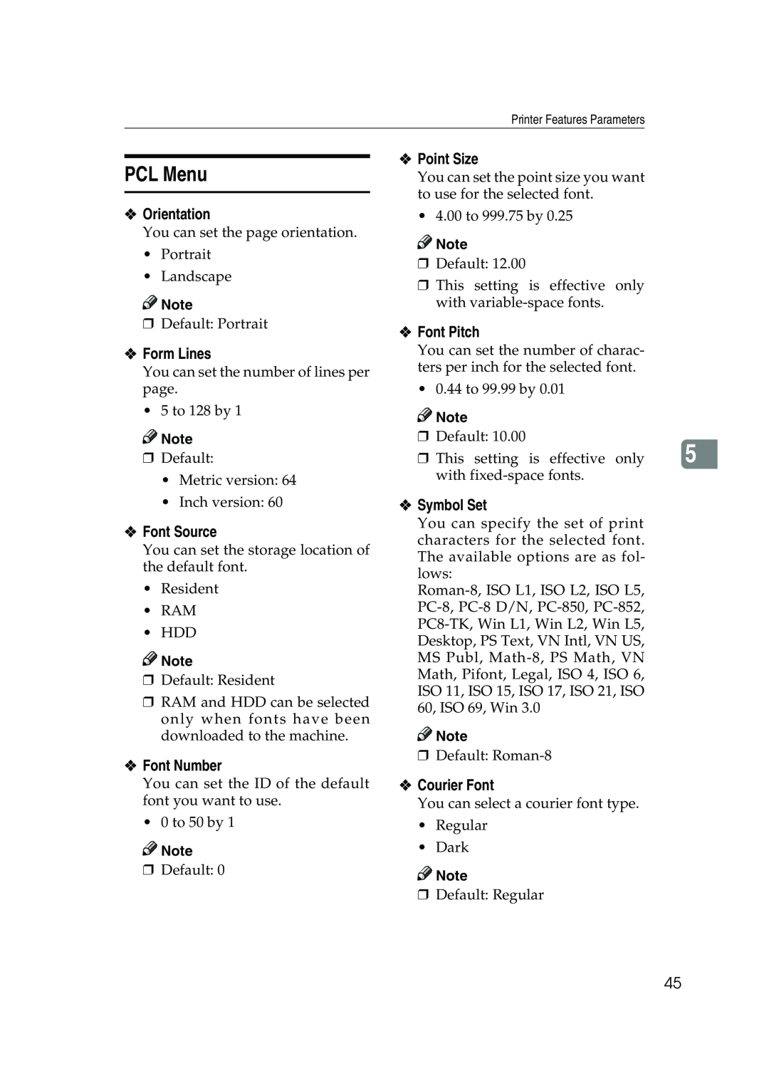 Xerox 2045e PCL Menu, Point Size, Orientation, Form Lines, Font Source, Font Number, Font Pitch, Symbol Set, Courier Font 