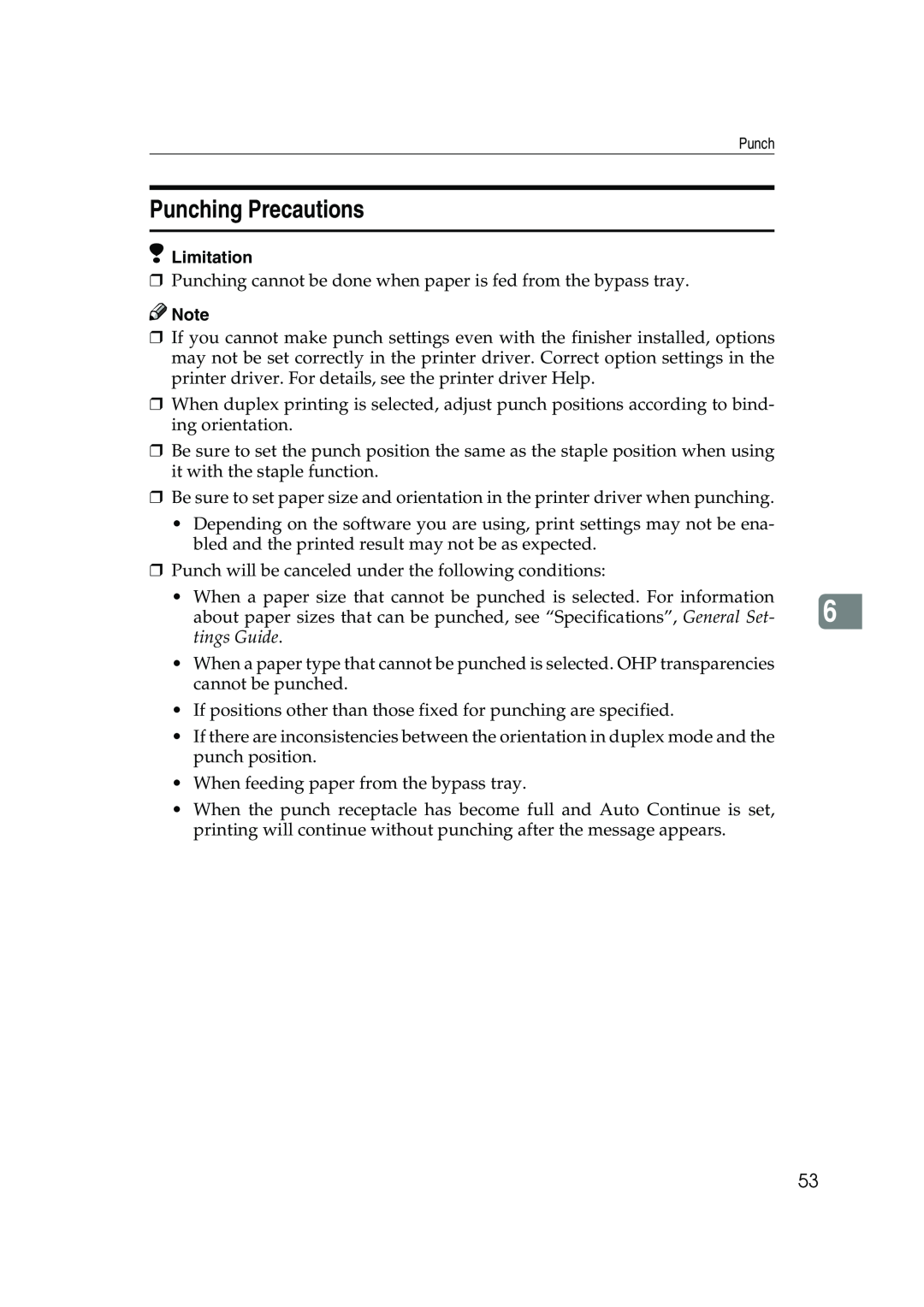 Xerox 2045e appendix Punching Precautions, tings Guide, Limitation 