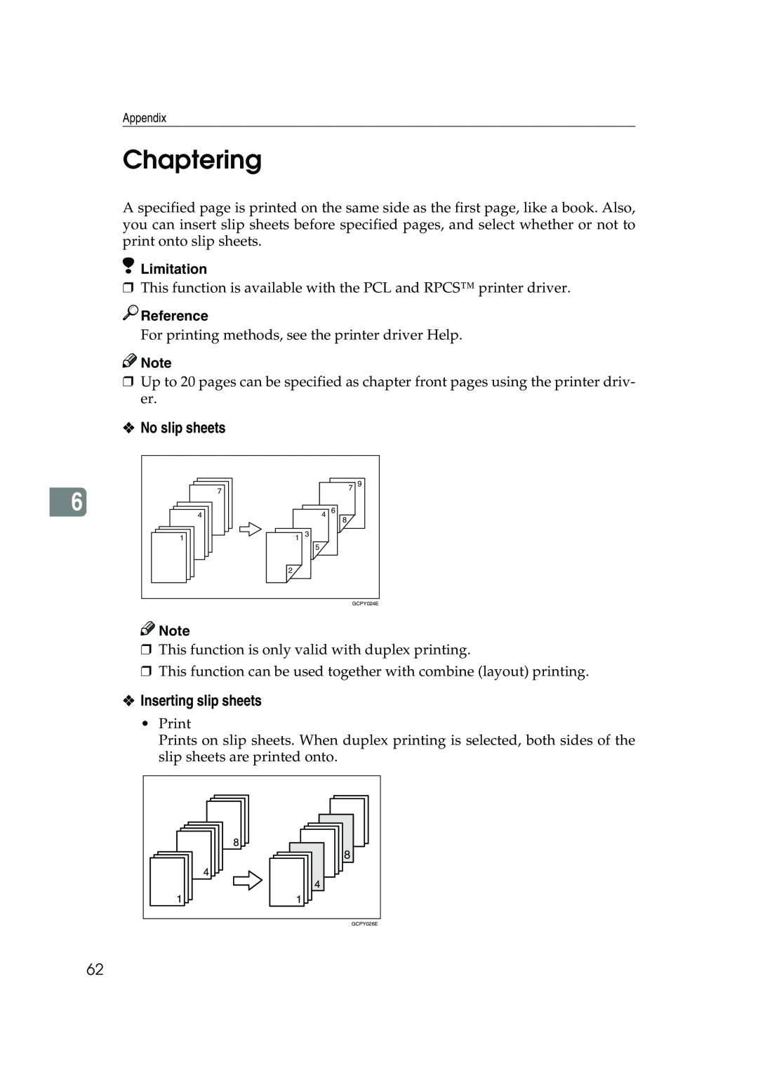 Xerox 2045e appendix Chaptering, No slip sheets, Limitation, Reference 