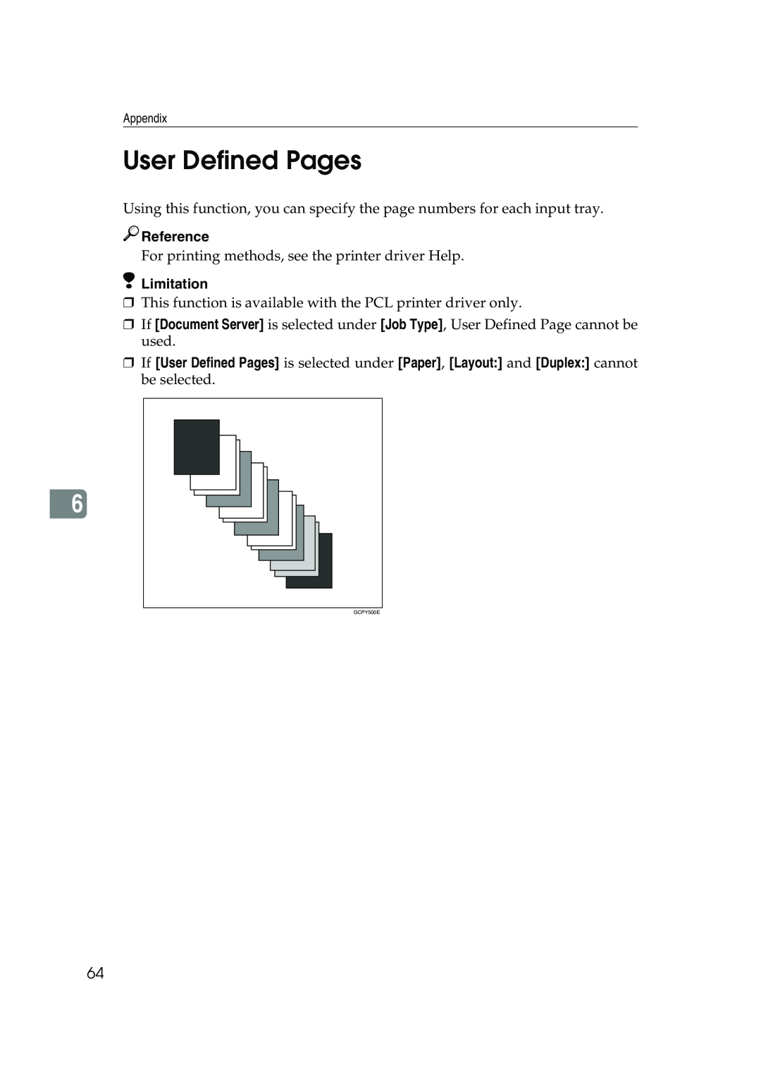 Xerox 2045e appendix User Defined Pages, Reference, Limitation, GCPY500E 