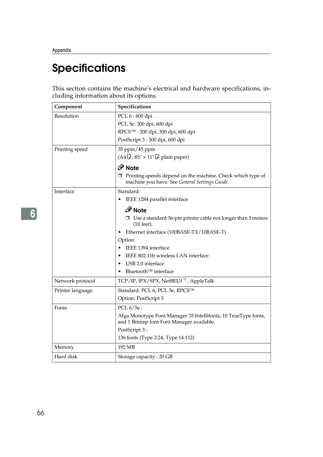 Xerox 2045e appendix Specifications, Component 
