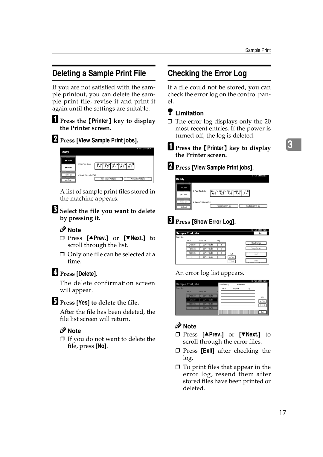 Xerox 2045e appendix Deleting a Sample Print File, Checking the Error Log, Press Delete 