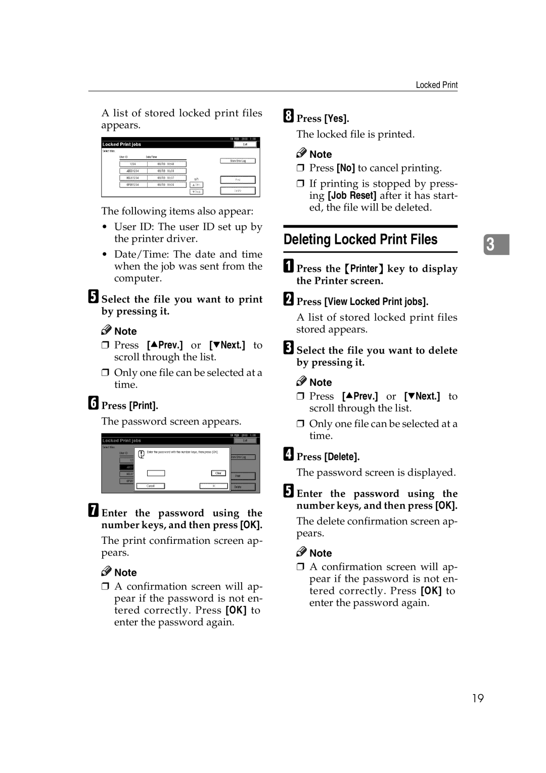 Xerox 2045e appendix Deleting Locked Print Files, Enter the password using the number keys, and then press OK 