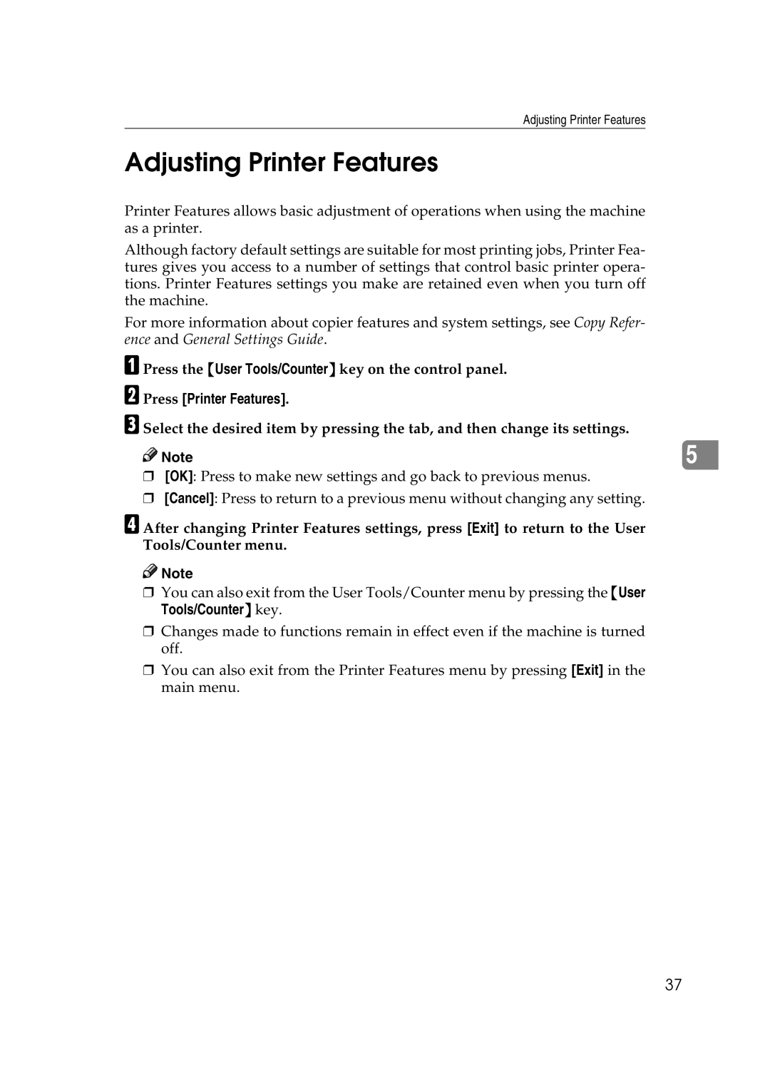 Xerox 2045e Adjusting Printer Features, Press the User Tools/Counter key on the control panel, Press Printer Features 