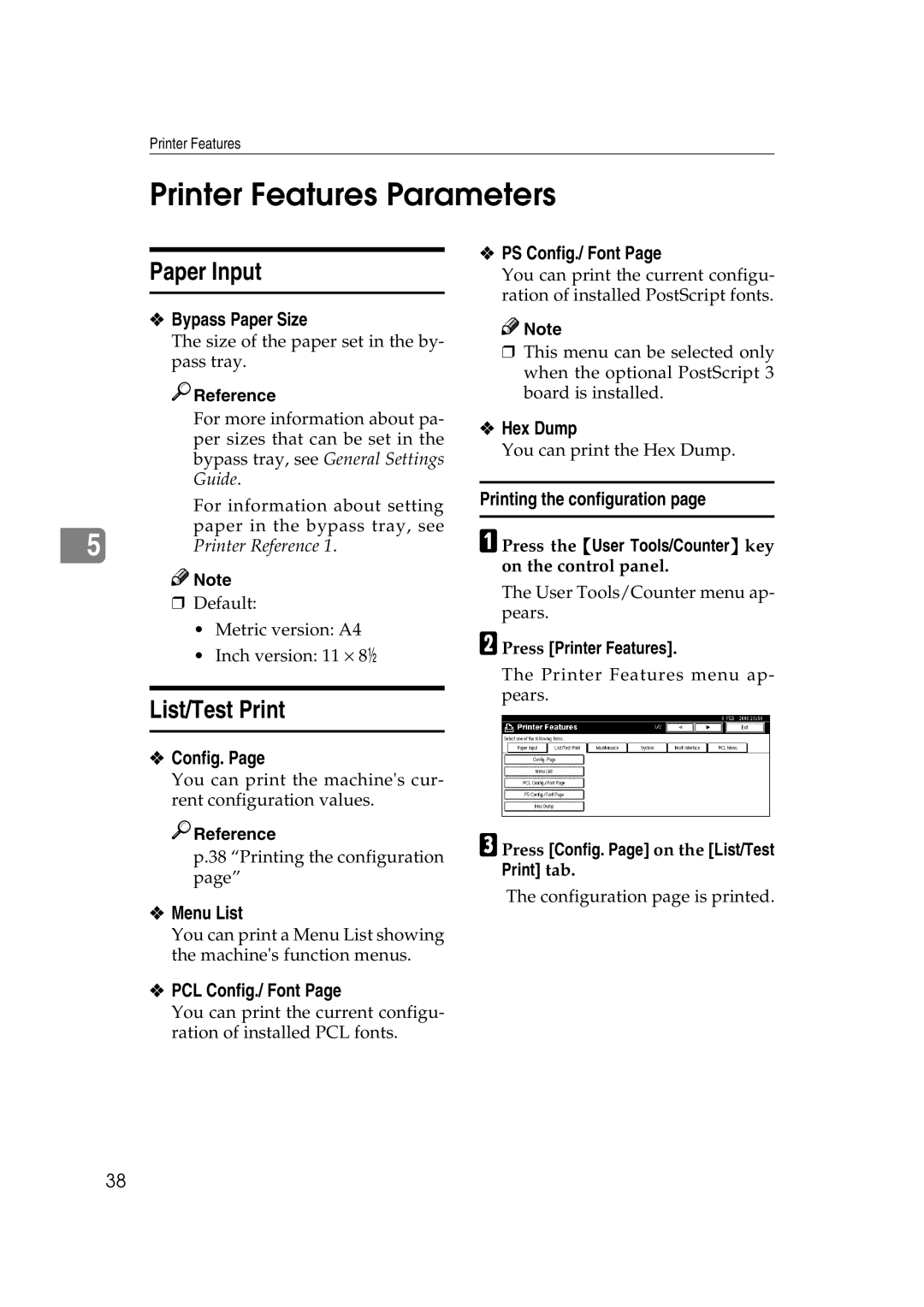 Xerox 2045e appendix Printer Features Parameters, Paper Input, List/Test Print 